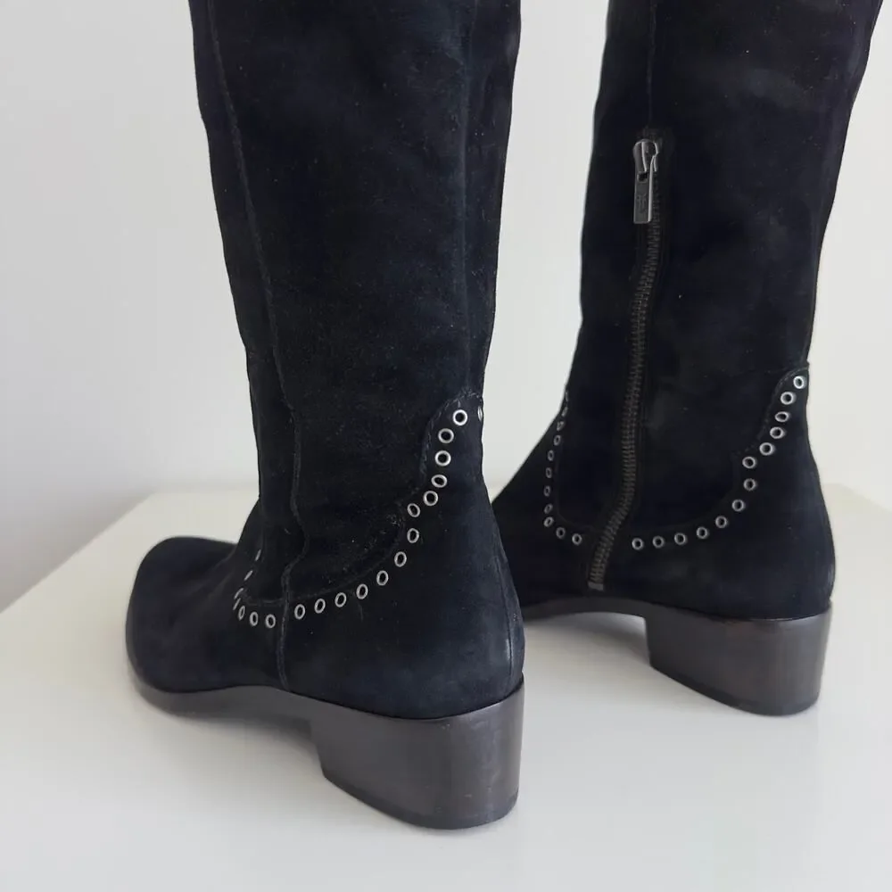 FRYE‎ Boots Womens 6.5 Black Over The Knee Suede Leather Ray Grommet Studded